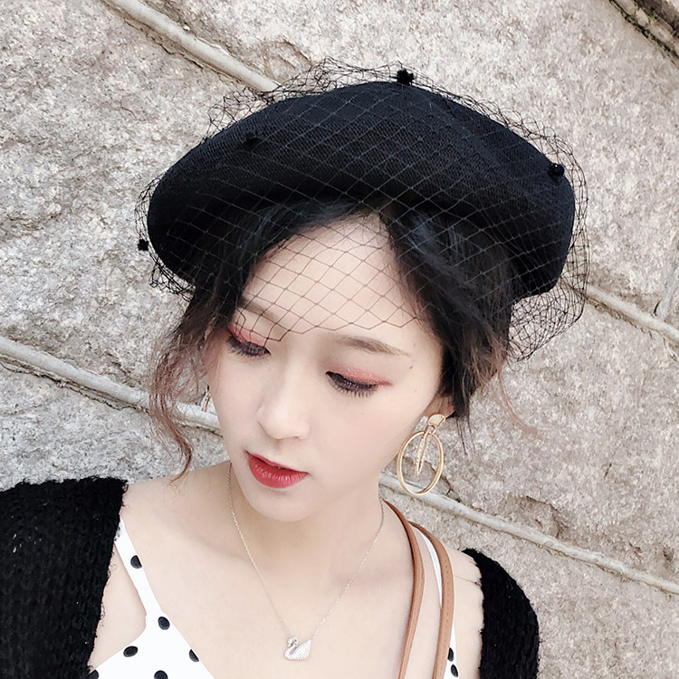 贝雷帽女春秋季薄款透气亚麻蓓蕾帽复古蕾丝网纱画家帽韩版八角帽