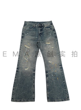 原创设计男装中性微喇破洞牛仔裤 颜料泼墨男女同款显瘦个性长裤