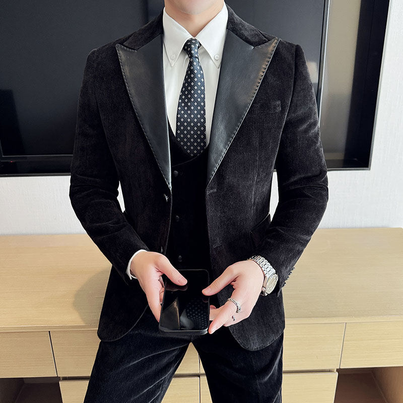 雪尼尔拼皮时尚潮流西服撞色拼接西装SJT2419-P280，男装西服套装，星座1606-1