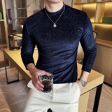 DS045-P48坑条纹半高领T恤金丝绒男士修身立体打底衫，男装T恤，星座1606-1
