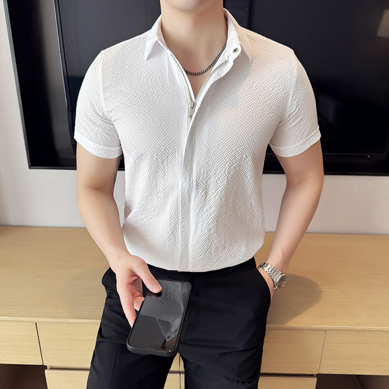 泡泡纱男士短袖拉链衬衫时尚百搭休闲免熨衬衣CS020-P63,男装T恤,星座1606-1