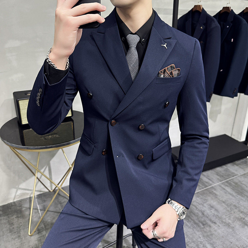 S-7XL韩版修身商务西服双排扣西装三件套8803-P235,男装西服套装,星座1606-1
