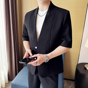 无领新中式西装微宽松版型短袖西服磁吸纽扣西服套装2504-P220图片