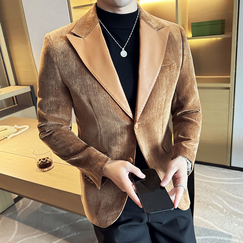 雪尼尔拼皮时尚潮流西服撞色拼接西装外套DX2419-P148,男装西服套装,星座1606-1