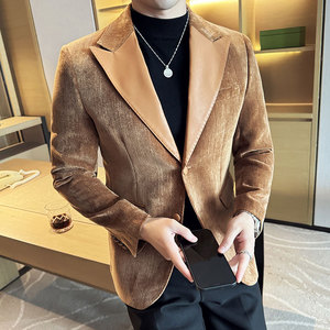 雪尼尔拼皮时尚潮流西服撞色拼接西装外套DX2419-P148图片