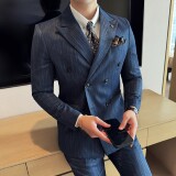 男士商务休闲西服流星雨条纹双排扣时尚潮流西装三件套2525-P285，男装西服套装，星座1606-1