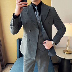 撞色拼接韩版修身西服潮流时尚双排扣西装三件套2416-P270图片
