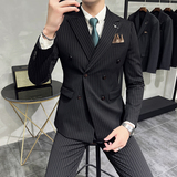 韩版修身商务西服双排扣条纹西装三件套1820-P270，男装西服套装，星座1606-1