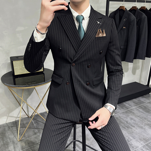 韩版修身商务西服双排扣条纹西装三件套1820-P270图片
