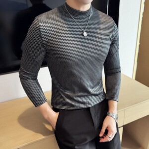 DS046-P48波浪纹半高领T恤男士修身立体打底衫图片