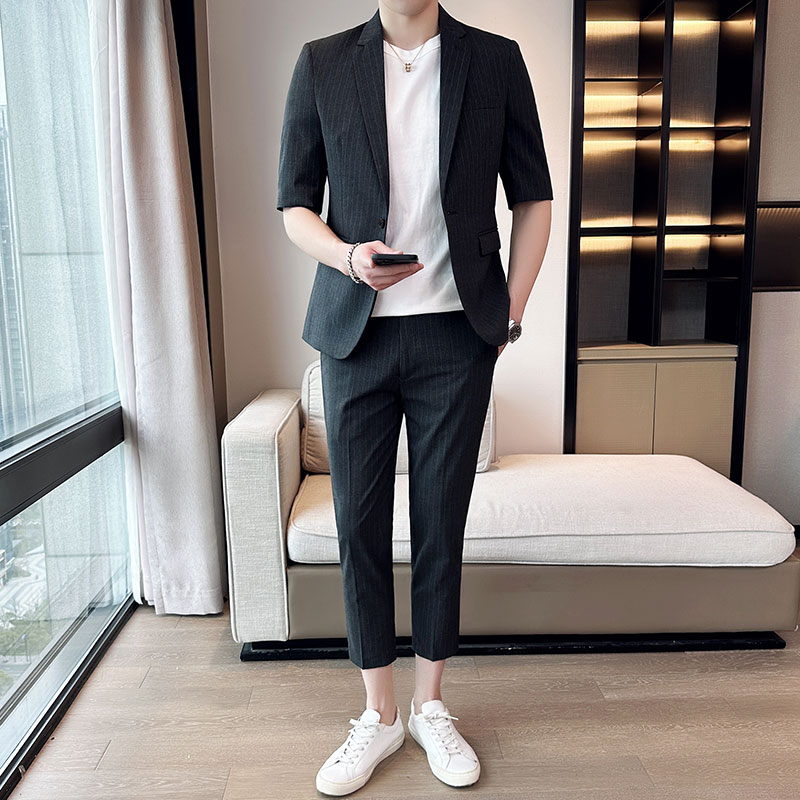 春夏薄款短袖九分裤韩版修身条纹西装两件套1826-P195，男装T恤，星座1606-1