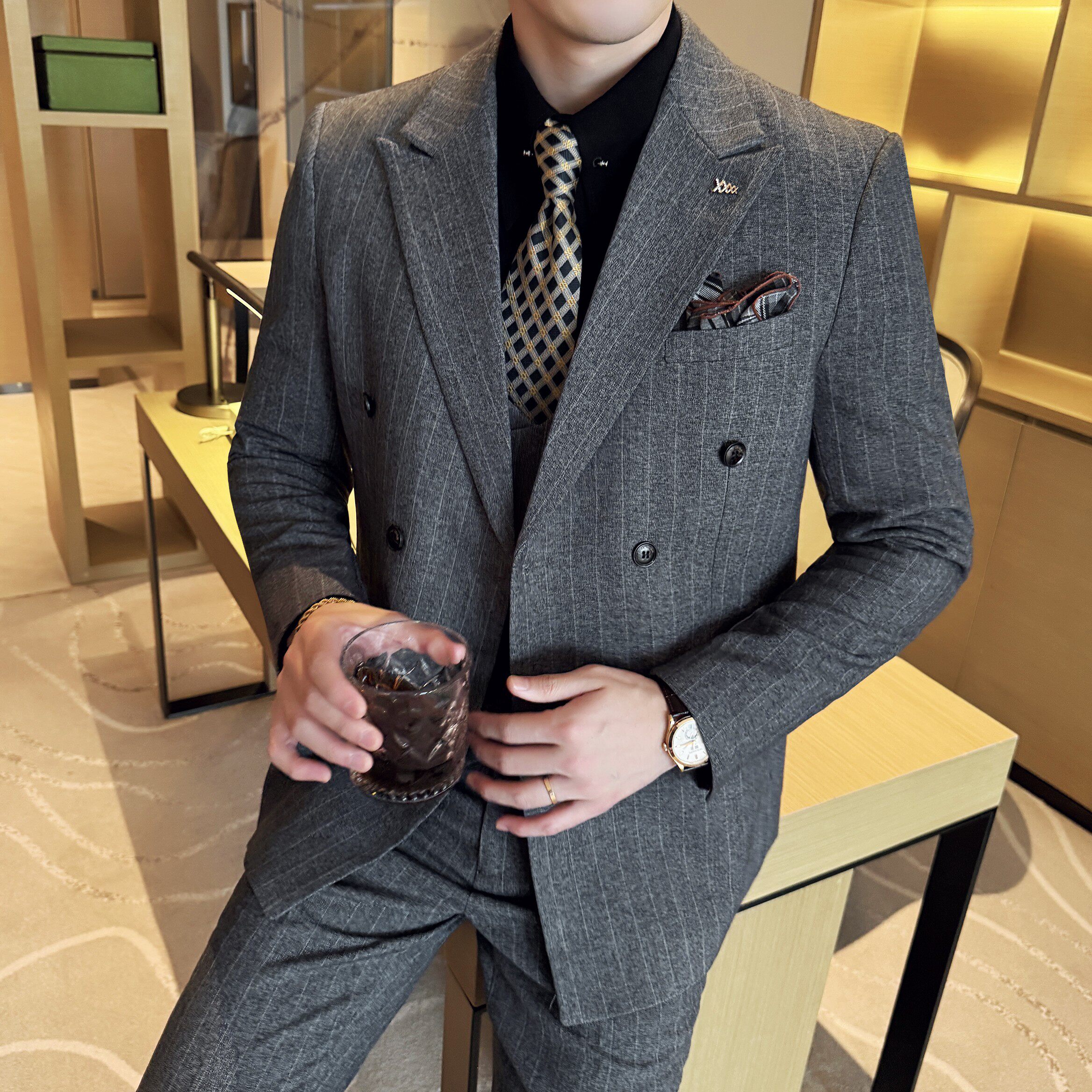 简约男士商务休闲西装韩版修身双排扣条纹西服2515-P285，男装西服套装，星座1606-1