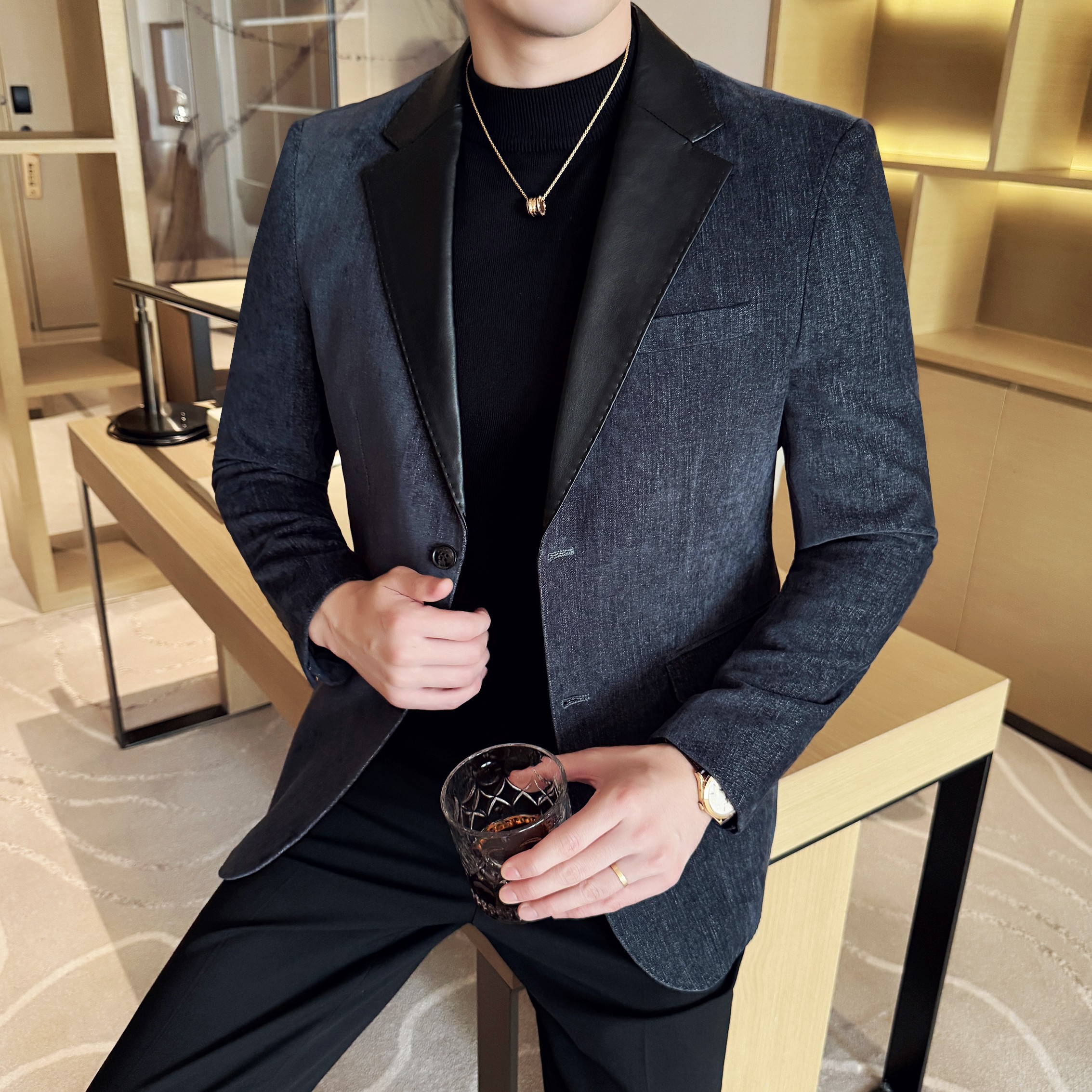 莱赛尔拼皮男士韩版修身西服时尚休闲西装外套DX57-P148图片