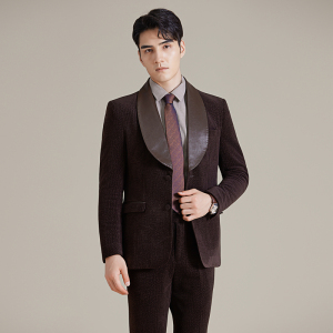 男士青果领拼皮西装时尚休闲西服套装2516-P220图片