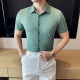 华夫格冰丝高弹无痕衬衫修身短袖衬衣男2808-P63，男装T恤，星座1606-1