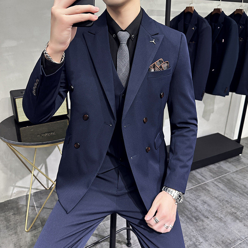 S-7XL韩版修身商务西服双排扣西装三件套8803-P235图片