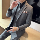 一粒扣韩版修身格子西服双排扣马甲西装套装1834-P280，男装西服套装，星座1606-1
