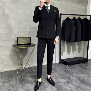 韩版修身商务西服条纹双排扣西装三件套1821-P280，男装西服套装，星座1606-1