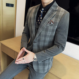 撞色韩版修身西服时尚潮流设计拼色西装三件套2411-P265，男装西服套装，星座1606-1
