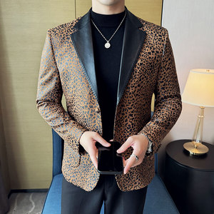 豹纹拼皮休闲西服时尚潮流西装外套DX32-P148图片
