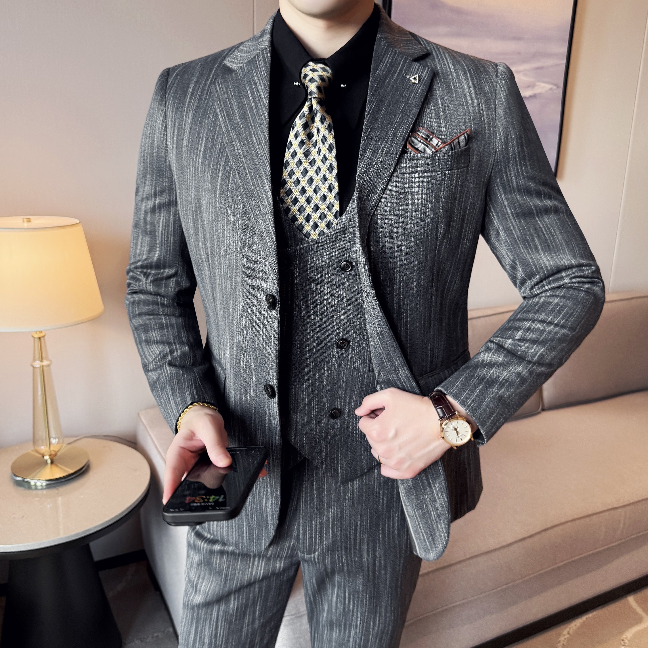 男士商务休闲西服流星雨条纹时尚潮流西装三件套2524-P280,男装西服套装,星座1606-1