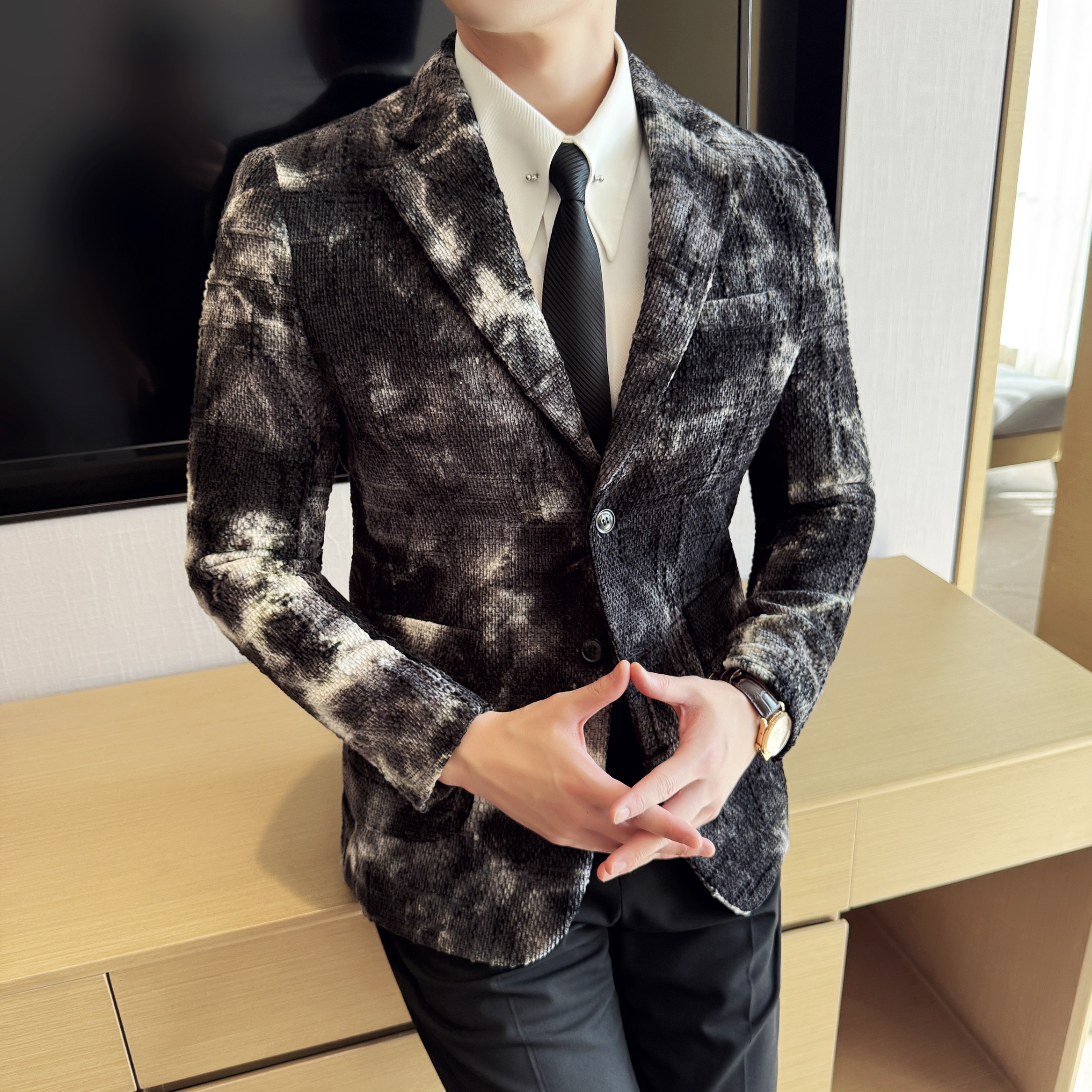 扎染雪尼尔时尚休闲西装外套男士韩版修身西服DX67-P178，男装西服套装，星座1606-1