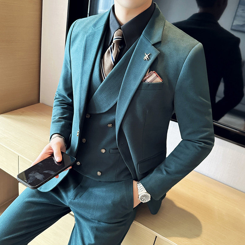 人字纹毛呢西服韩版修身商务西装三件套1852-P280,男装西服套装,星座1606-1