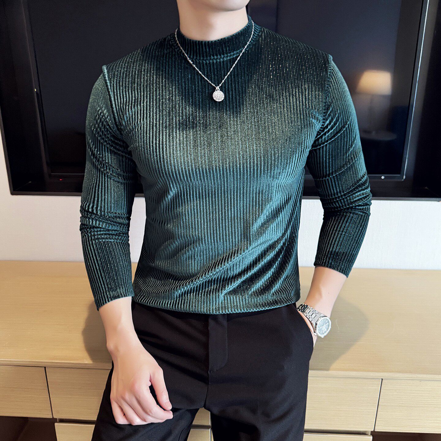 DS045-P48坑条纹半高领T恤金丝绒男士修身立体打底衫,男装T恤,星座1606-1