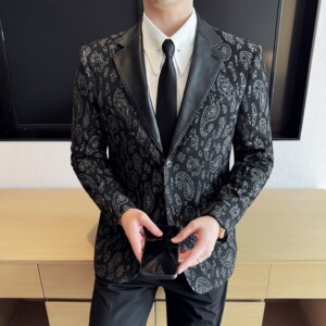 腰果花时尚休闲提花拼皮西装外套男士韩版修身西服DX70-P148图片