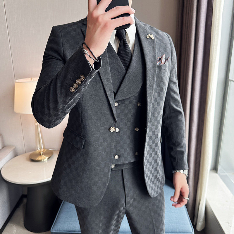 韩版修身时尚潮流西服格子西装套装2303-P280,男装西服套装,星座1606-1