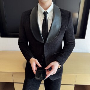 男士青果领拼皮西装时尚休闲西服套装2516-P220,男装西服套装,星座1606-1