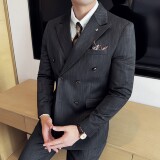 男士商务休闲西服流星雨条纹双排扣时尚潮流西装三件套2525-P285，男装西服套装，星座1606-1