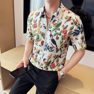 百鸟图夏季冰丝短袖西装无里衬提花休闲拉链外套DXZ008-P88图片