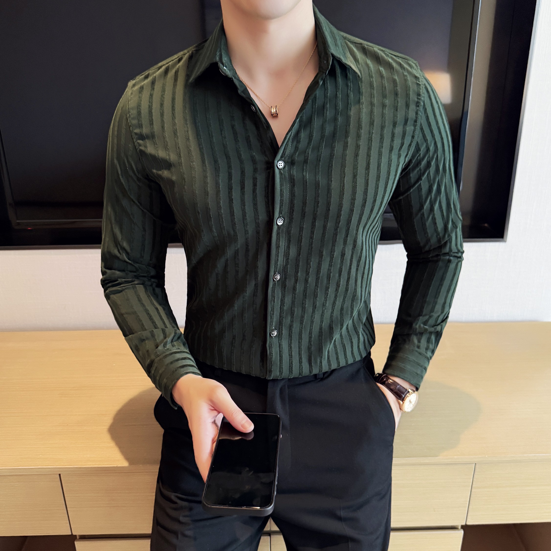 雪尼尔条纹男士衬衣时尚休闲免熨衬衫CS046-P63,男装衬衫,星座1606-1