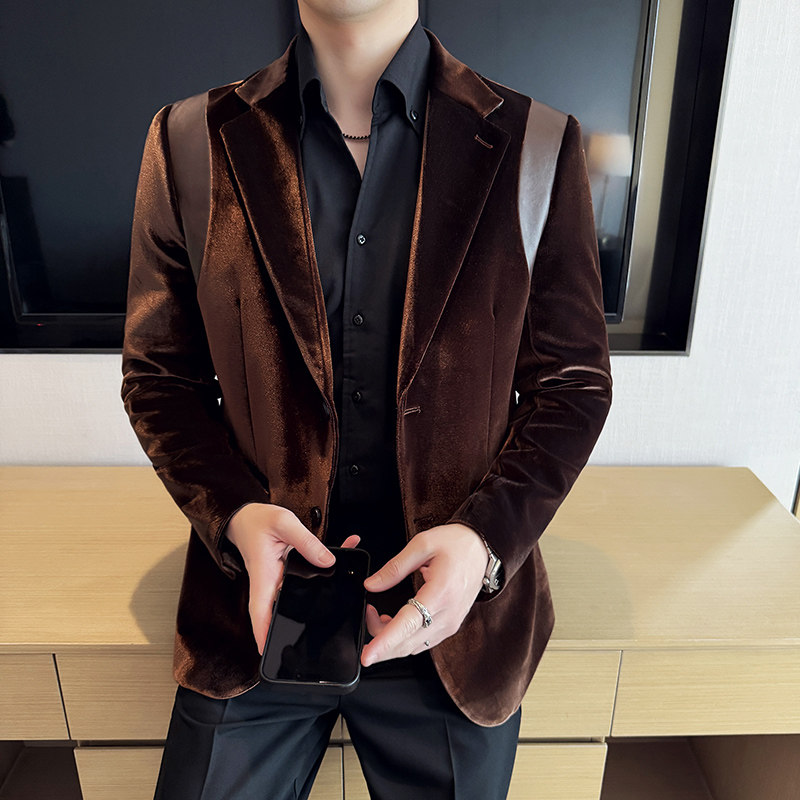 丝光绒韩版修身西服拼接时尚休闲西装外套DX34-P148,男装西服套装,星座1606-1