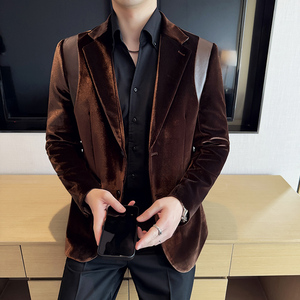 丝光绒韩版修身西服拼接时尚休闲西装外套DX34-P148图片