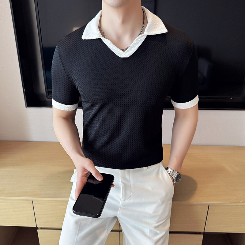 DS019-P48男士短袖冰丝POLO衫夏季新款时尚百搭修身立体T恤图片