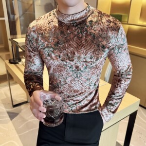 DS041-P48金丝绒祥云印花半高领男士长袖T恤修身立体打底衫图片