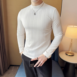 DS051-P48半高领立体提花双线条纹T恤时尚百搭男士长袖打底衫图片