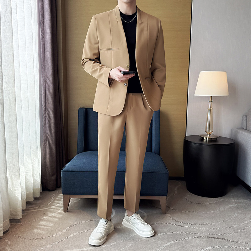 无领新中式西装微宽松版型长袖西服磁吸纽扣西服套装2505-P230，男装西服套装，星座1606-1