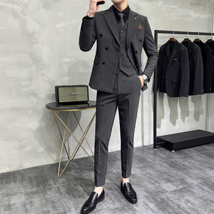 韩版修身商务西服双排扣条纹西装三件套1820-P270图片