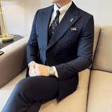 韩版修身西服时尚条纹双排扣西装三件套2410-P275，男装西服套装，星座1606-1