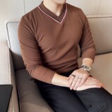DS052-P48男士V领条纹长袖T恤时尚修身立体打底衫，男装T恤，星座1606-1