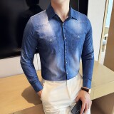男士牛仔洗水印花衬衣韩版修身免熨长袖衬衫CS045-P62，男装衬衫，星座1606-1