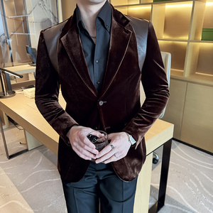 丝光绒韩版修身西服拼皮时尚休闲西装外套DX36-P148图片