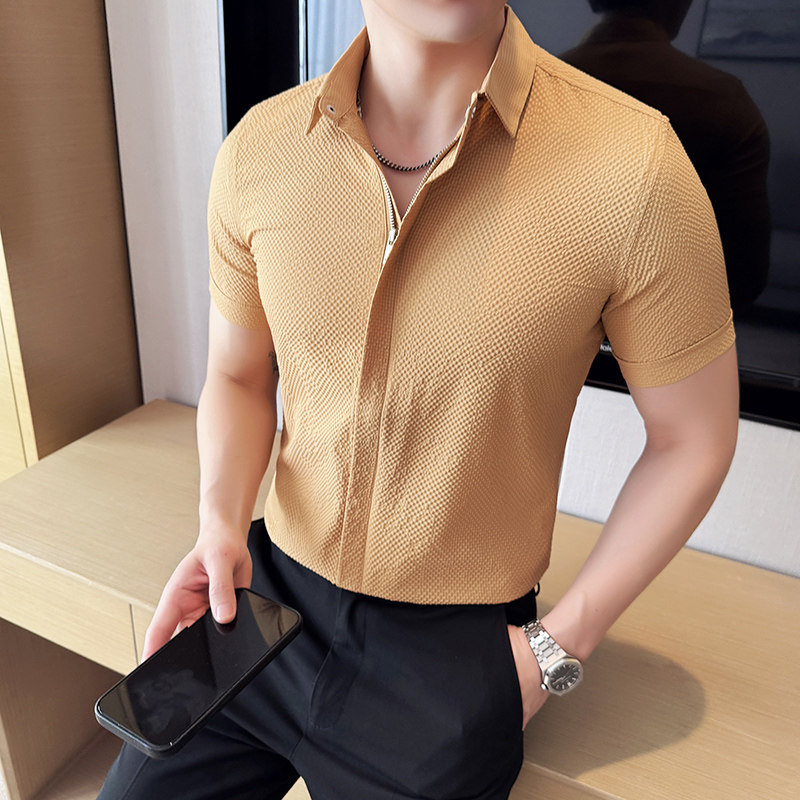 泡泡纱男士短袖拉链衬衫时尚百搭休闲免熨衬衣CS020-P63,男装T恤,星座1606-1