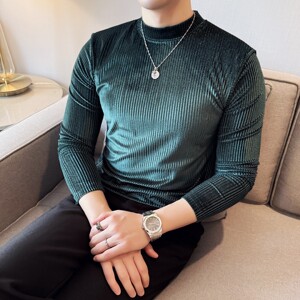 DS045-P48坑条纹半高领T恤金丝绒男士修身立体打底衫图片