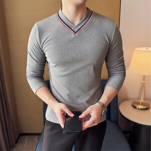 DS052-P48男士V领条纹长袖T恤时尚修身立体打底衫,短装衣服怎么搭配好看图片