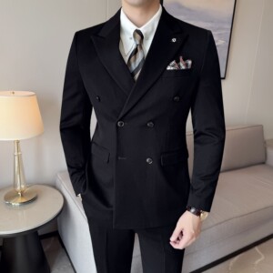 男士双排扣商务休闲西装韩版修身纯色暗纹西服三件套2513-P280图片