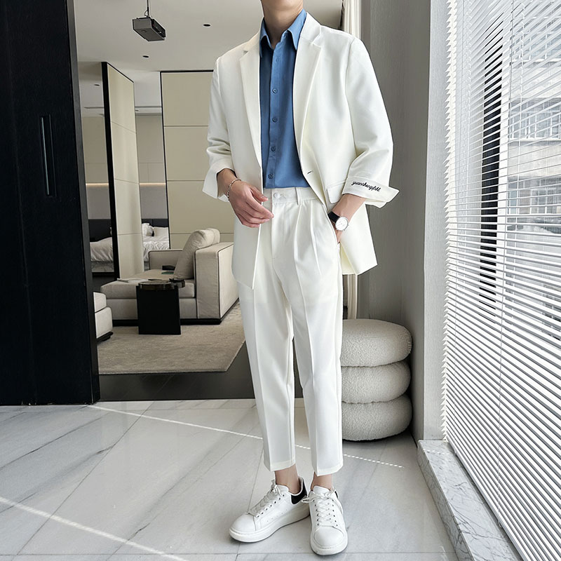 春夏薄款轻熟风七分袖宽松休闲垂感西服九分裤两件套1828-P205,男装西服,星座1606-1